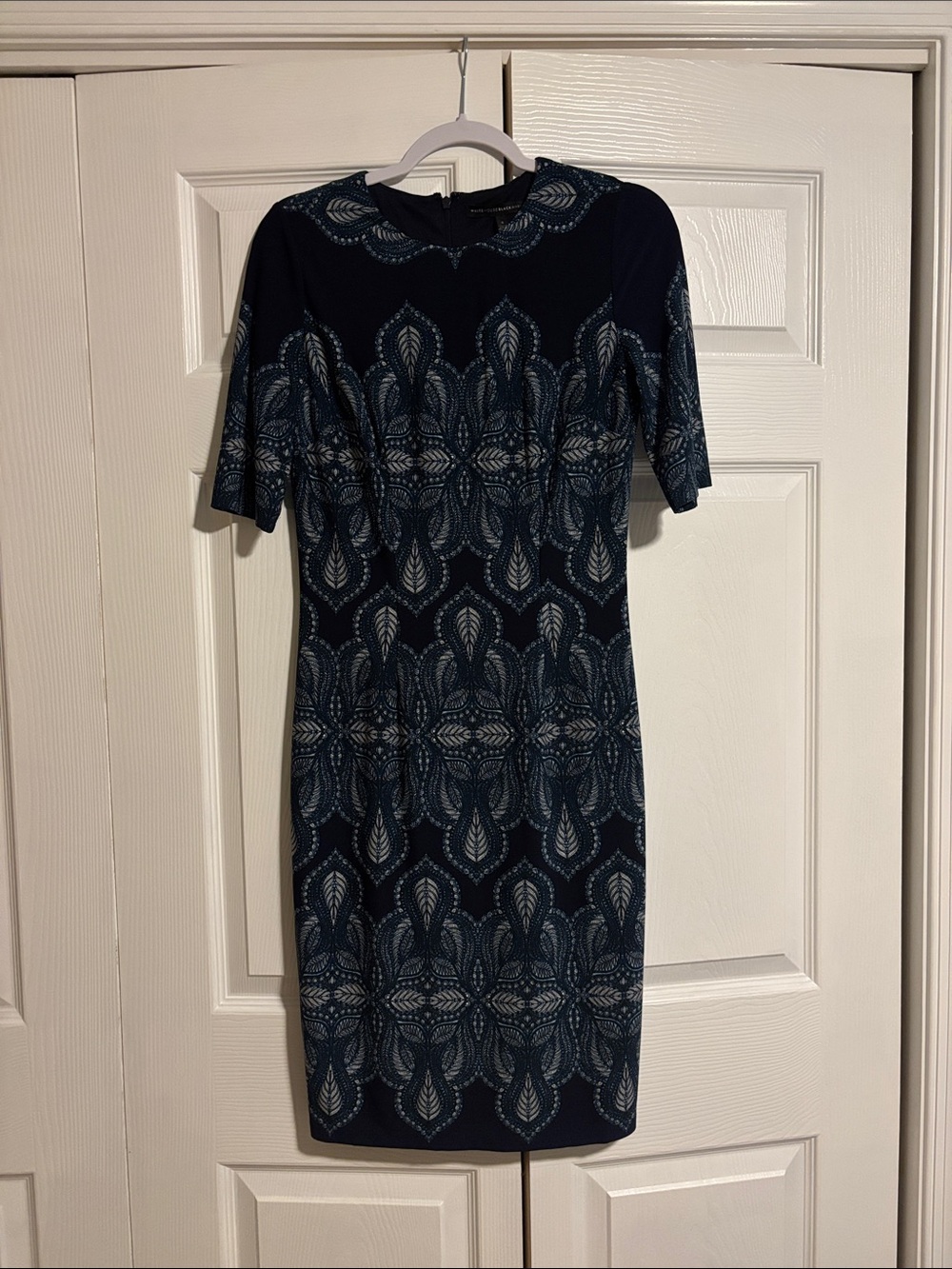 White House Black Market Navy & Light Blue Patterned Midi Sheath Dress - Picture 1 of 3